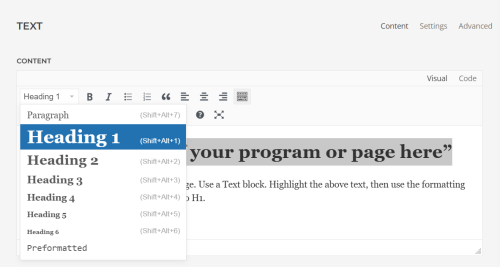 “Screenshot of the YOOtheme text editor highlighting the dropdown for selecting H1 text.”