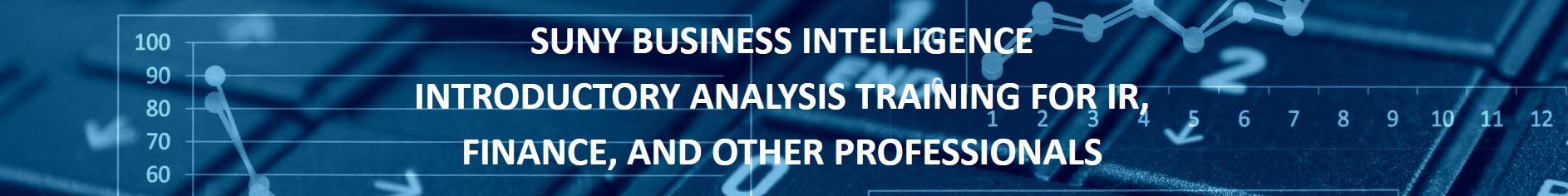 Blue-toned image with graph lines, bar charts, and numbers. Text reads "SUNY Business Intelligence Introductory Analysis Training for IR, Finance, and Other Professionals."