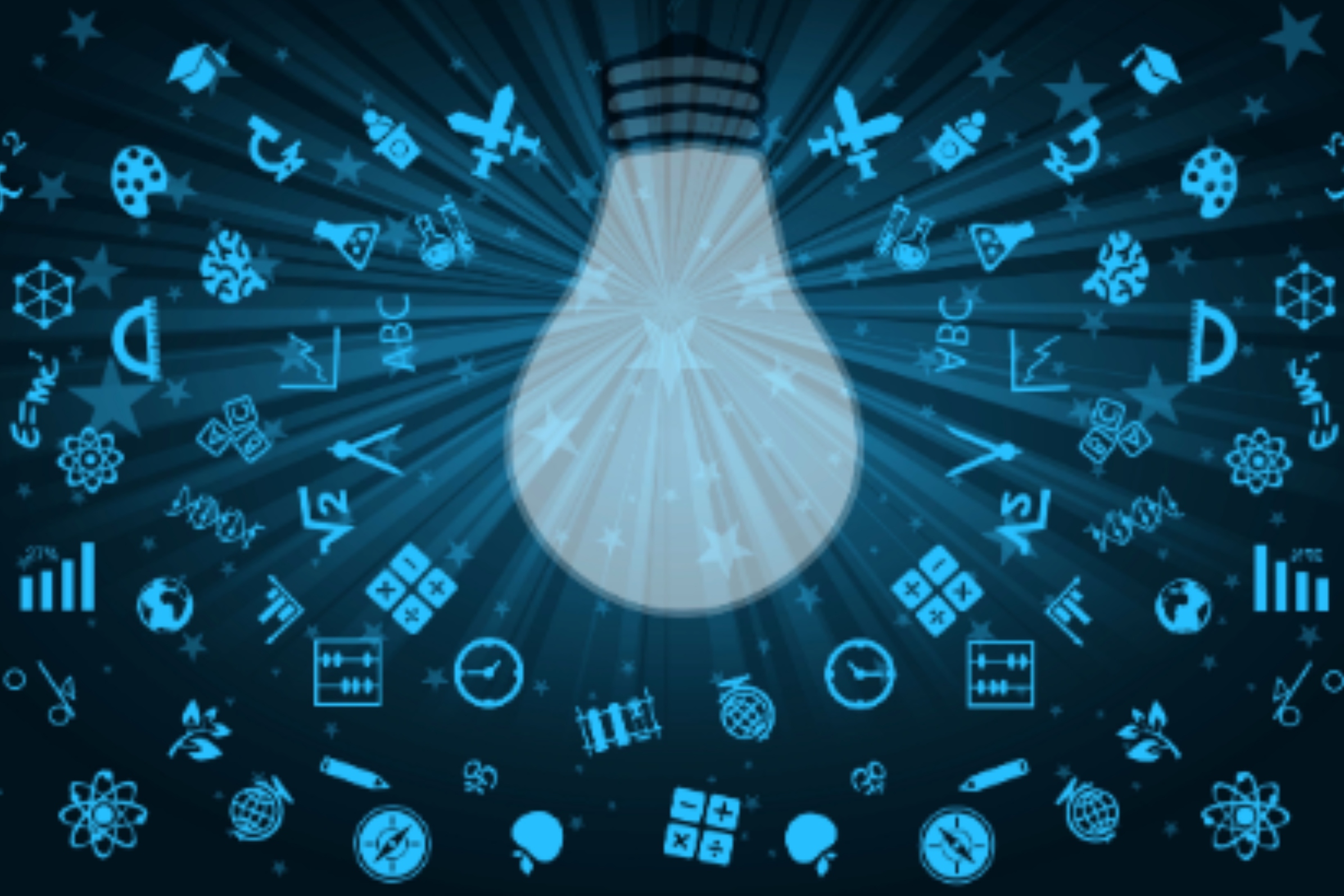 Lightbulb upside down with numerous school-related icons surrounding