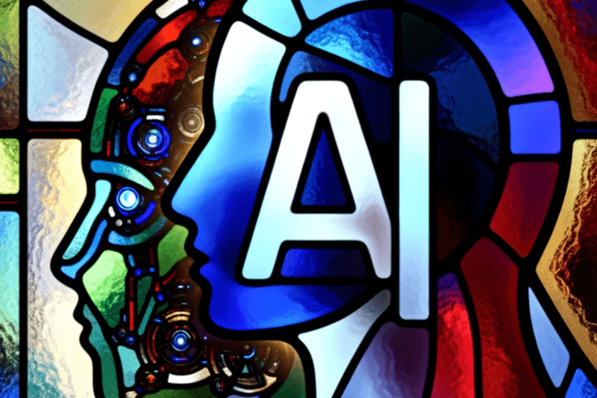 AI and the shape of a human head made out of stained glass