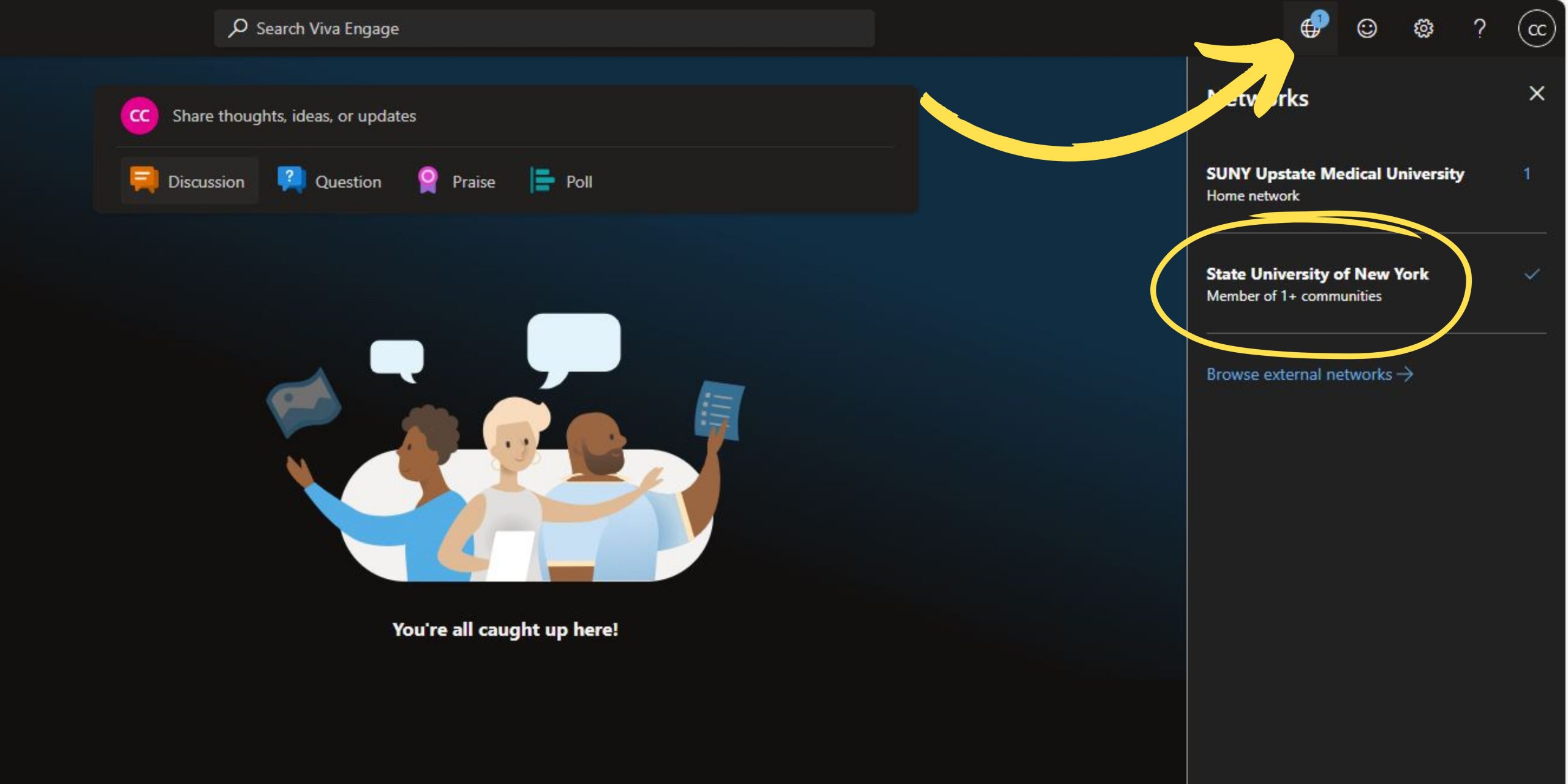 Screenshot of Viva Engage network menu highlighting State University of New York.