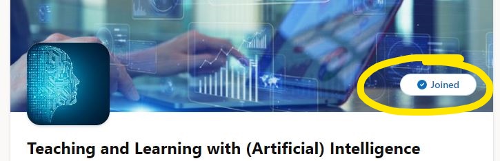 Community page for Teaching and Learning with Artificial Intelligence showing joined status.