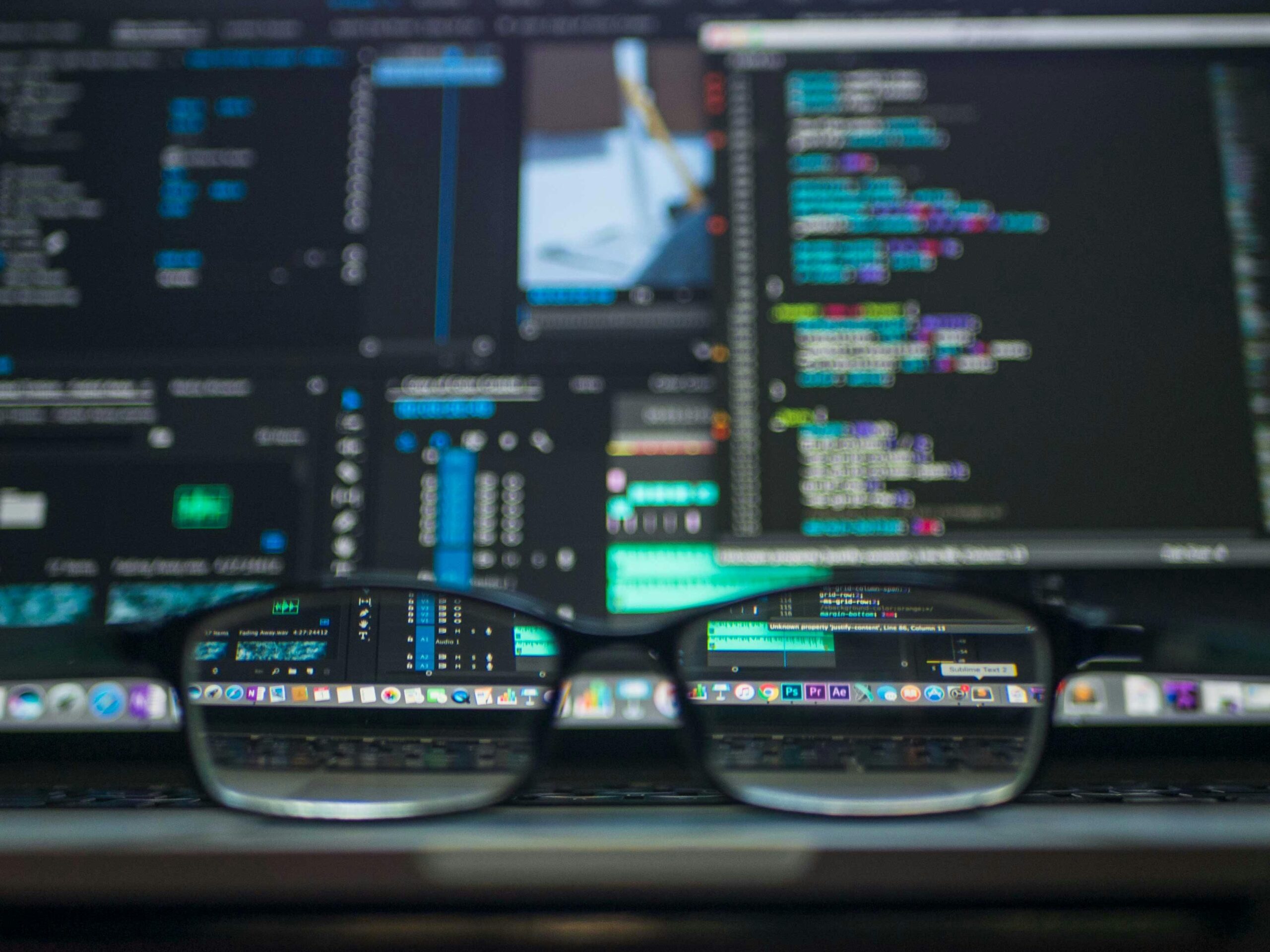 Close-up of glasses resting on a laptop keyboard, reflecting colorful computer code on the screen. The scene conveys focus and technology.