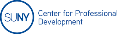 A close-up image of a sign featuring the text "SUNY Center for Professional Development" in a clear font against a white background, showcasing graphic design elements.