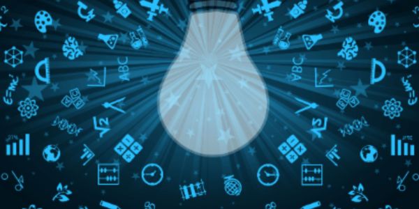 Lightbulb upside down with numerous school-related icons surrounding