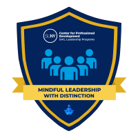 Blue and gold shield-shaped badge with the SUNY Center for Professional Development SAIL Leadership Programs logo at the top, an icon of five people in the center, and a gold banner reading “Mindful Leadership with Distinction.” A small meditation icon is at the bottom tip of the shield.