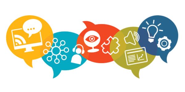 cartoon chat bubbles with various icons