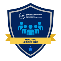 Blue and gold shield-shaped badge with the SUNY Center for Professional Development SAIL Leadership Programs logo at the top, an icon of five people in the center, and a gold banner reading “Mindful Leadership.” A small meditation icon is at the bottom tip of the shield.